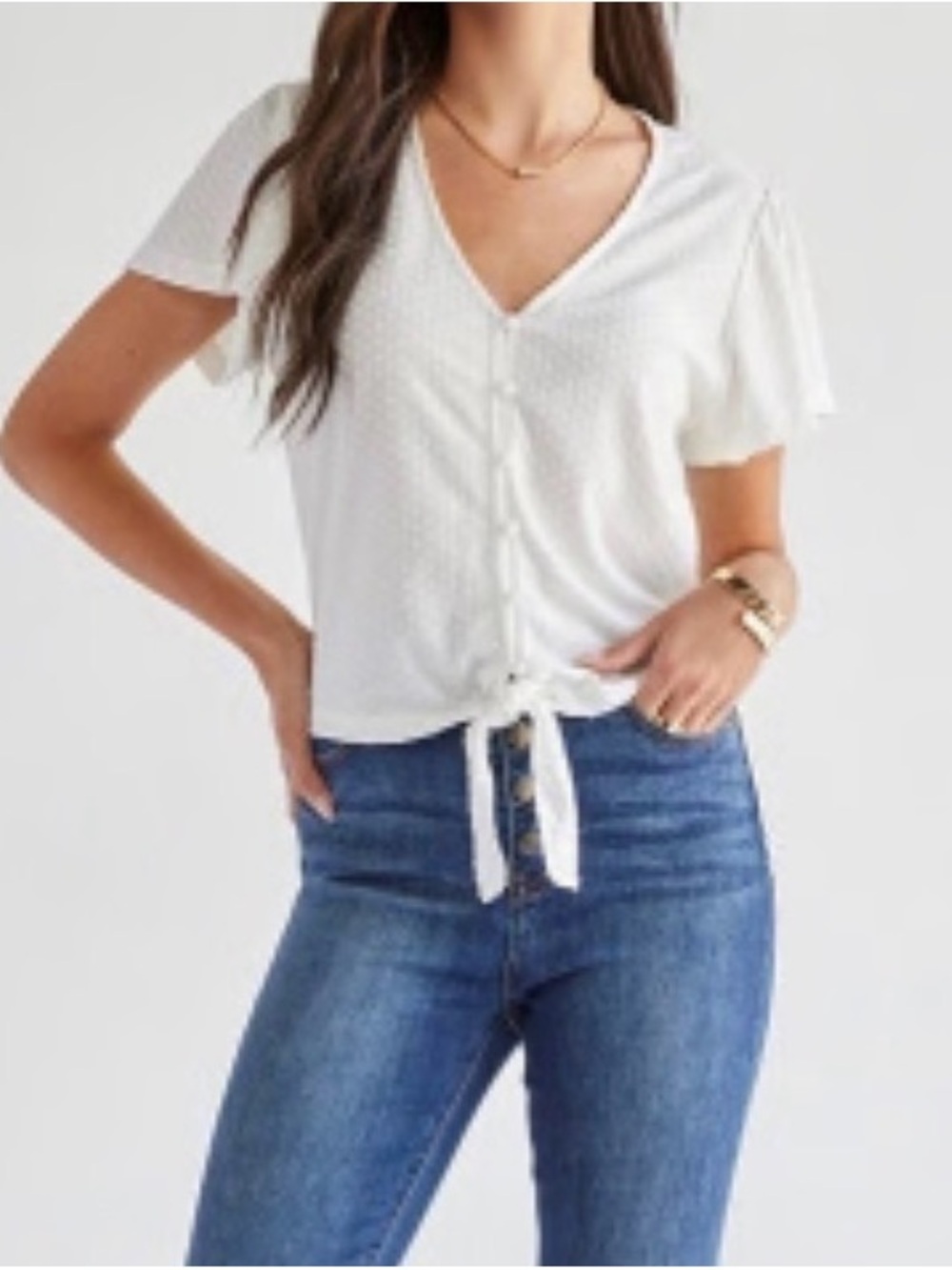 Blue Rain White Textured Tie-Front V-Neck Top - Size M